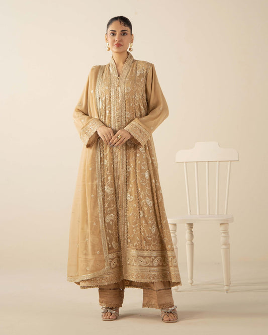 Gold Embroidered Chiffon Long Gown Set with Dupatta – 3 Piece Suit