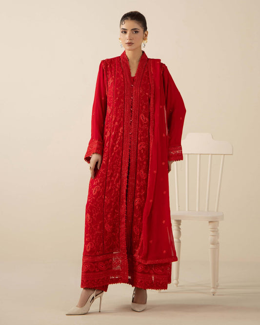 Crimson Red Embroidered Chiffon Long Gown Set with Dupatta – 3 Piece Suit