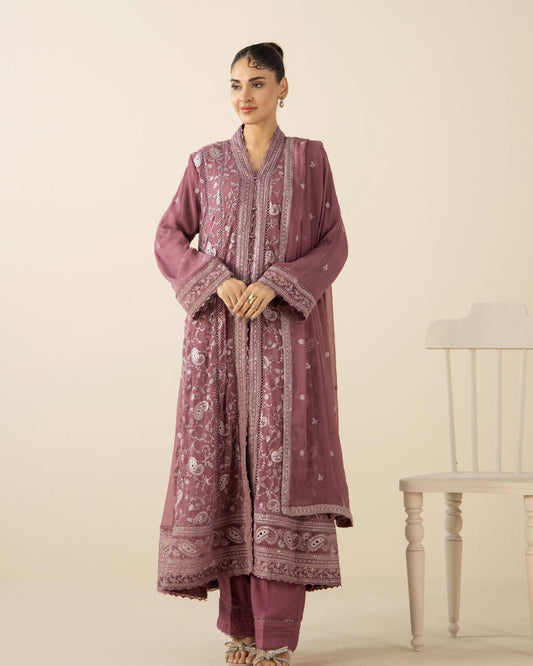 Plum Embroidered Chiffon Long Gown Set with Dupatta – 3 Piece Suit