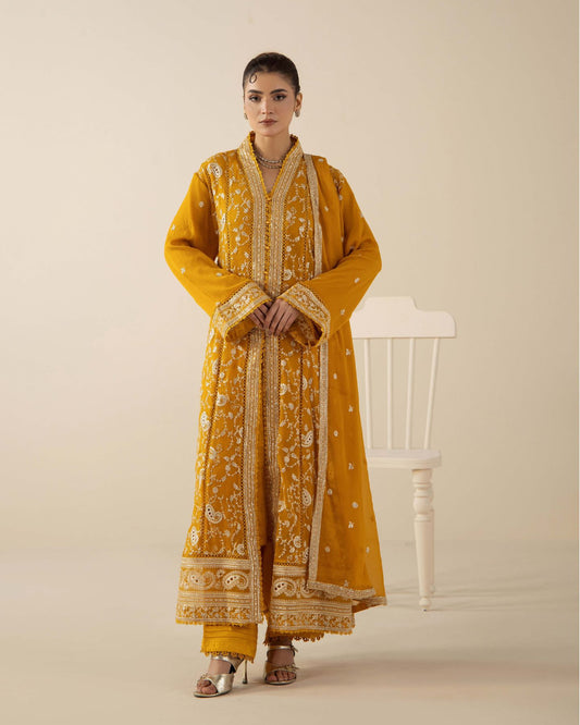 Mustard Gold Embroidered Chiffon Long Gown Set with Dupatta – 3 Piece Suit