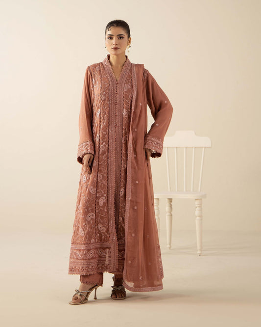 Terracotta Embroidered Chiffon Long Gown Set with Dupatta – 3 Piece Suit